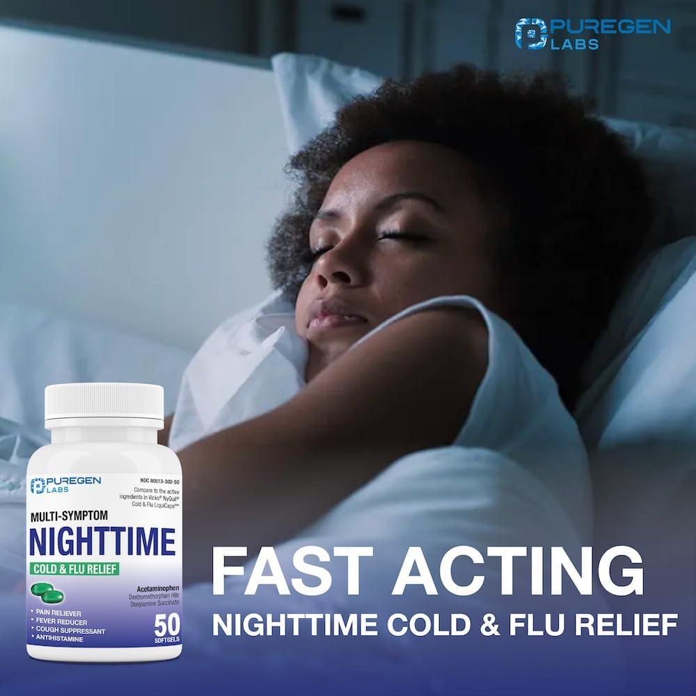 Puregen Labs Nighttime Cold and Flu Relief Medicine 50 Softgel Liquid Capsules Helps Relieve