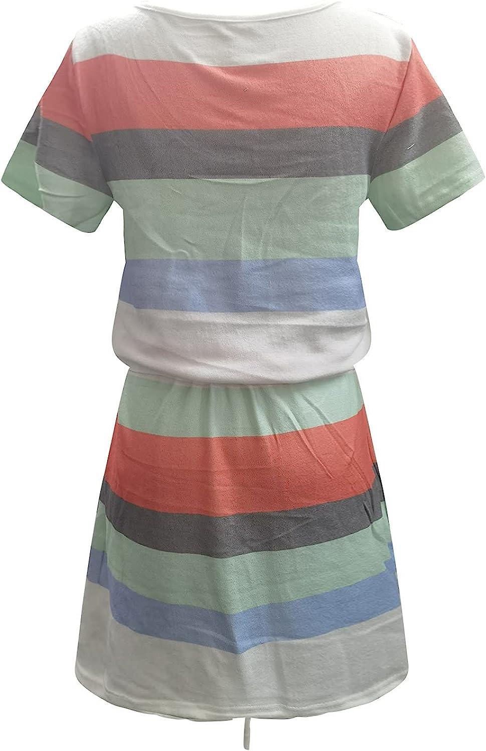 Maqroz Women's Summer Casual Striped Knee Length Dress Short Sleeve Drawstring Waist Dress Mini Beach Dresses with Pocket A06#mint Green Small
