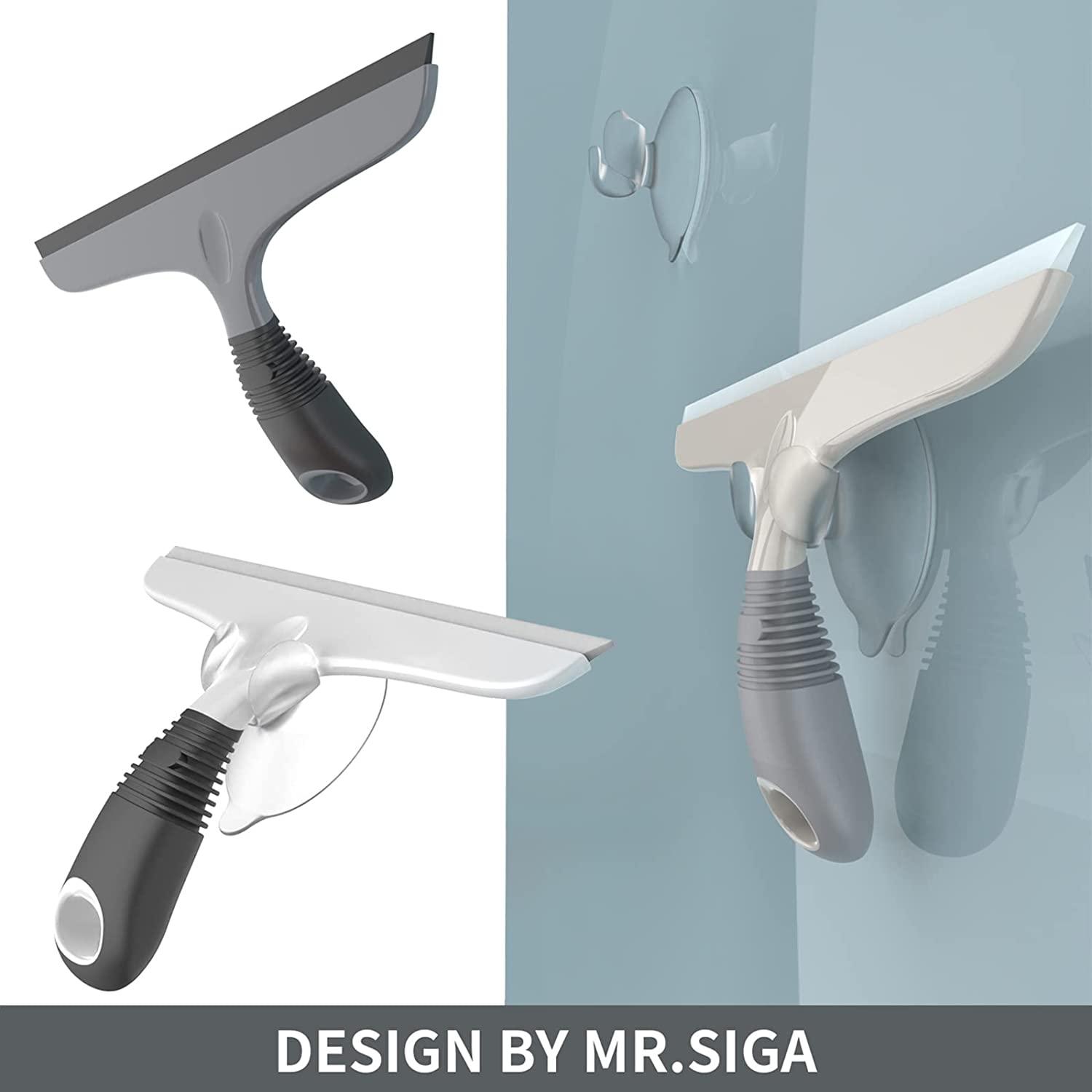 MR.SIGA Multi-Purpose Silicon Squeegee for Window, Glass, Shower Door, Car  Windshield, Heavy Duty Window Scrubber, Includes Suction Hook, 10 inch,  White & Grey, 1 Pack