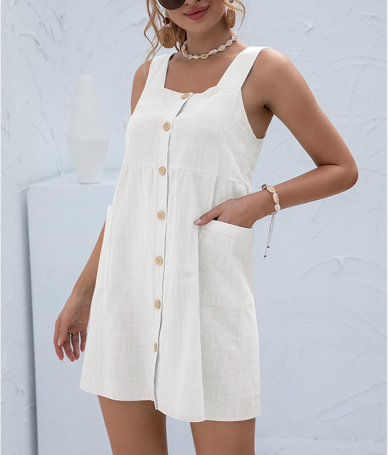 Women's vintage dresses MiniKleid A-Line Camisole Rundhals Leisure dress Knielang Swing button placket summer dress Beach dress with bags monochrome l