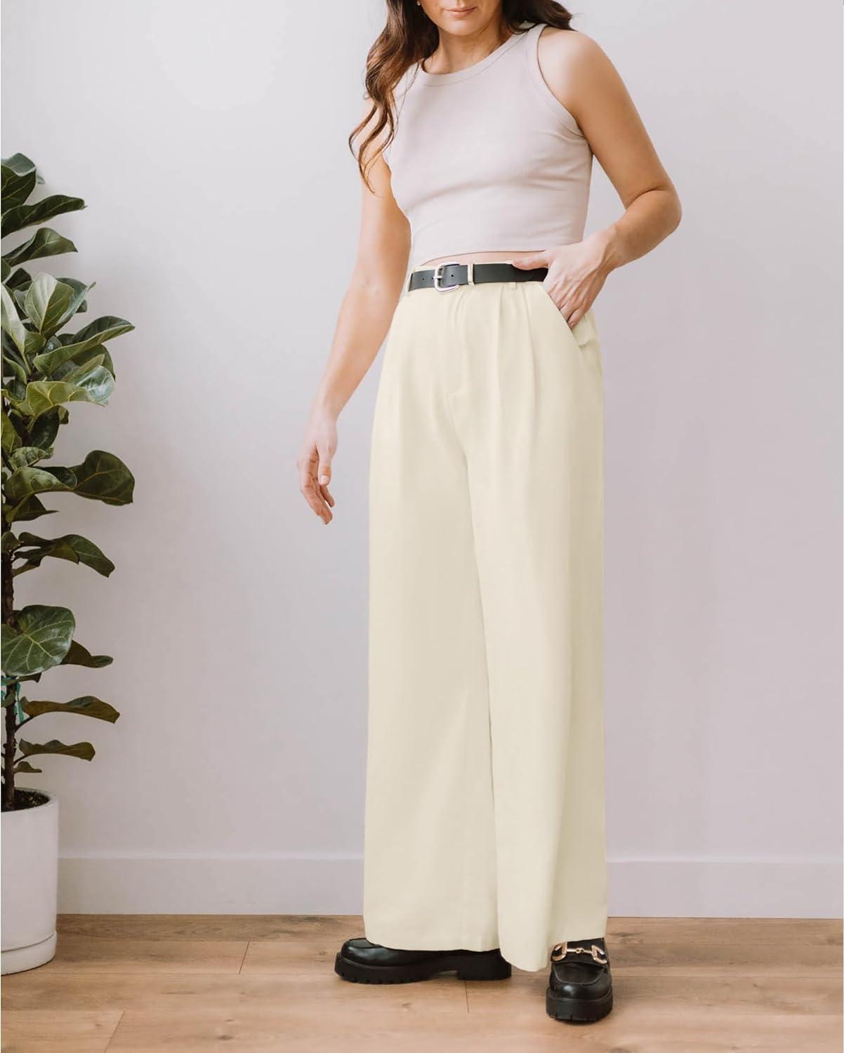 Vetinee Wide Leg Casual Dress Pants for Womens High Waisted Work Pants with Pockets Trousers for Business Office XXL Vanilla Ice