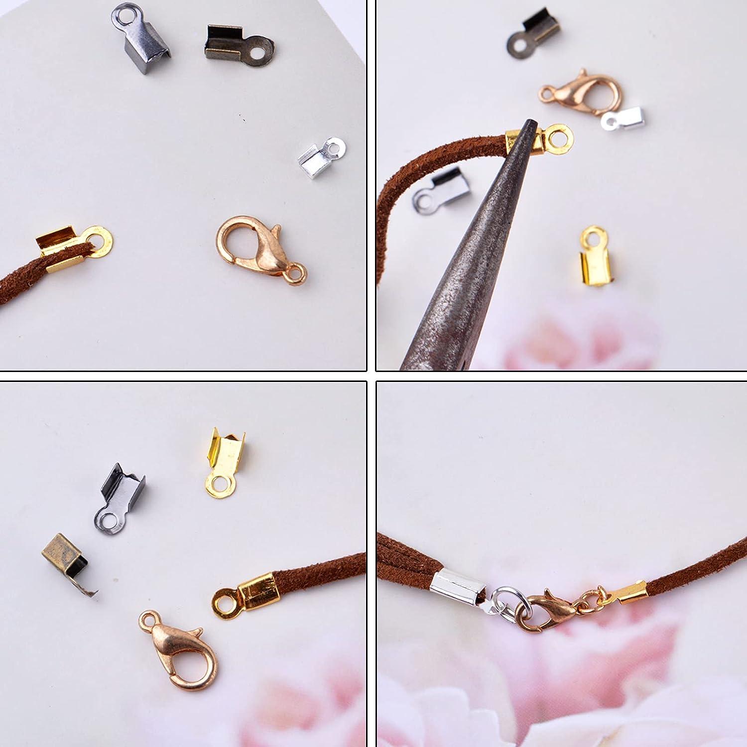 1200pcs Fold Over Cord Ends Cord Crimp End Tips Metal Fold-Over End Caps  Leather Ribbon Ending Terminators Clamp Clasp Tips Jewelry Connector for Bracelet  Necklace Crafts Making