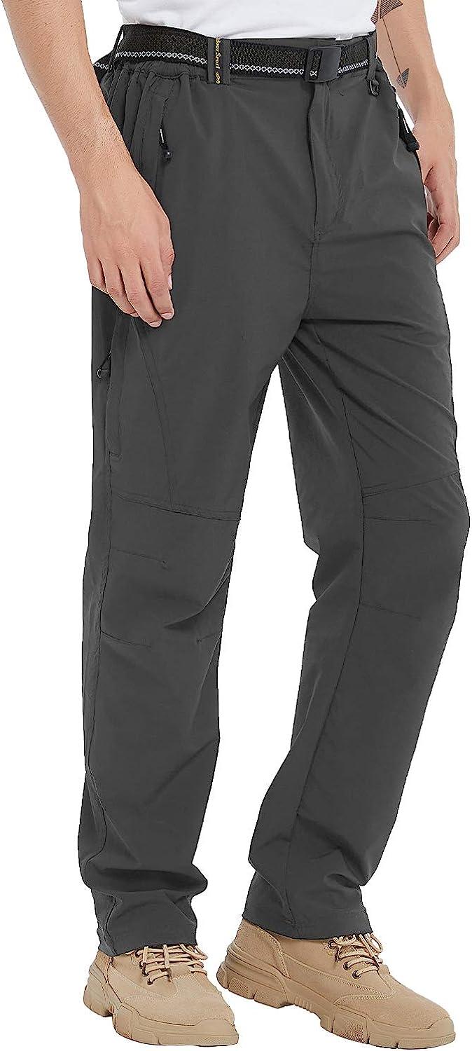 TBMPOY Men's Hiking Pants with Belt Outdoor Quick-Dry Lightweight Waterproof  Fishing Mountain Pants 5 Zipper Pockets A1-thin Dark Grey Large