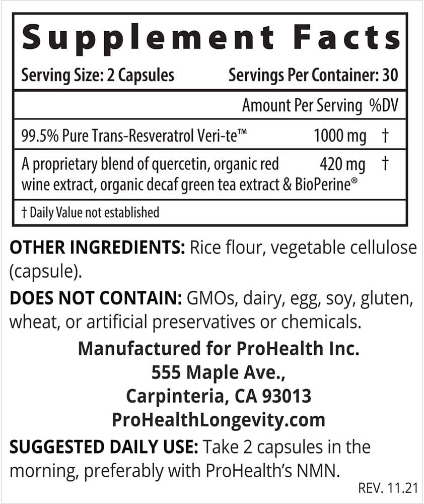 ProHealth 1000mg TransResveratrol with 15X Better Absorption 99.5