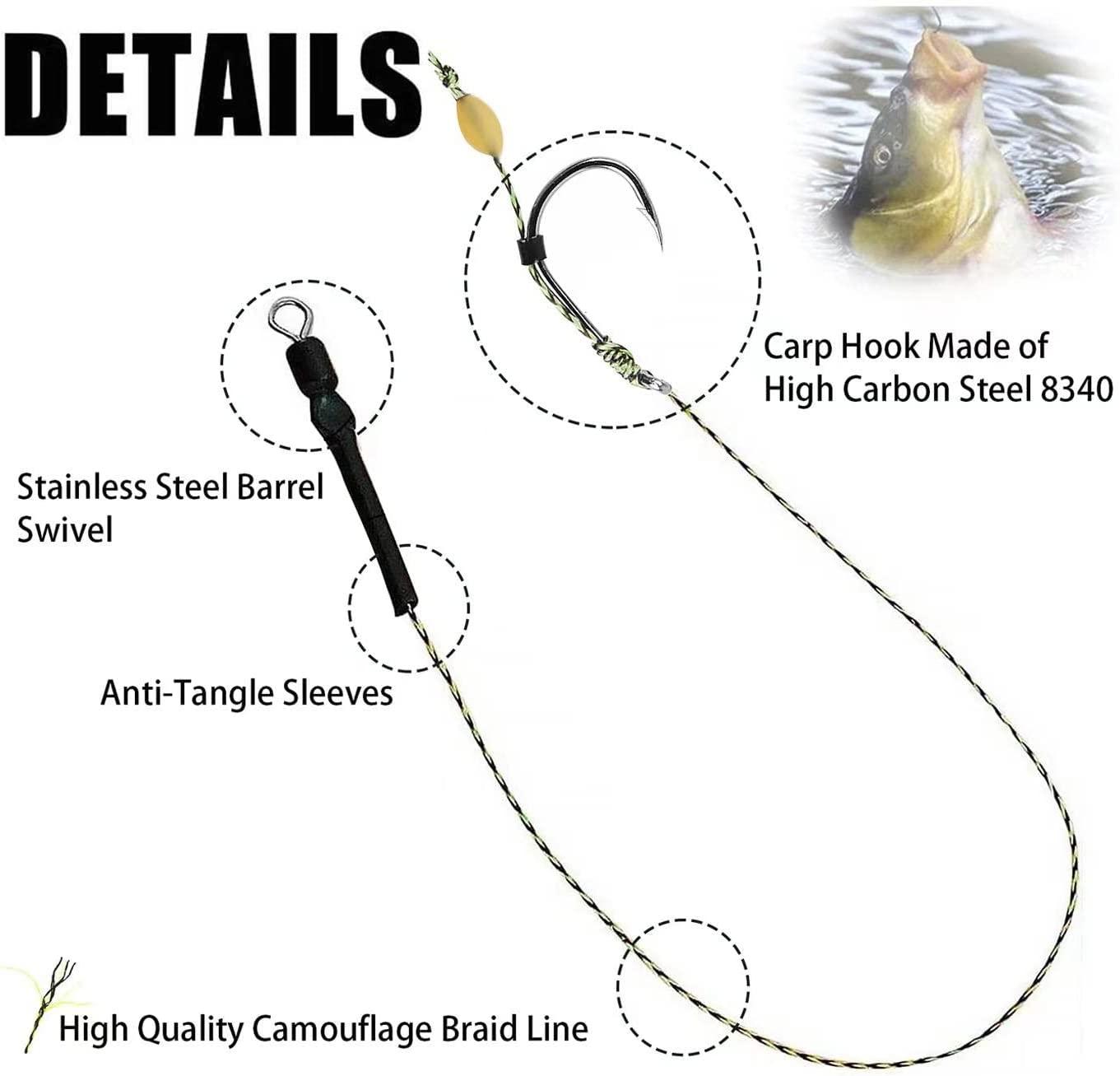 SEAOWL Carp Fishing Hair Rigs 24 Pcs High Carbon Steel Barbed Hook Rolling  Swivel Boilies Carp Fishing Rigs with 2 Card Boilie Bait Stops and 2  Different Needles 4 Sizes 4# 24PCS