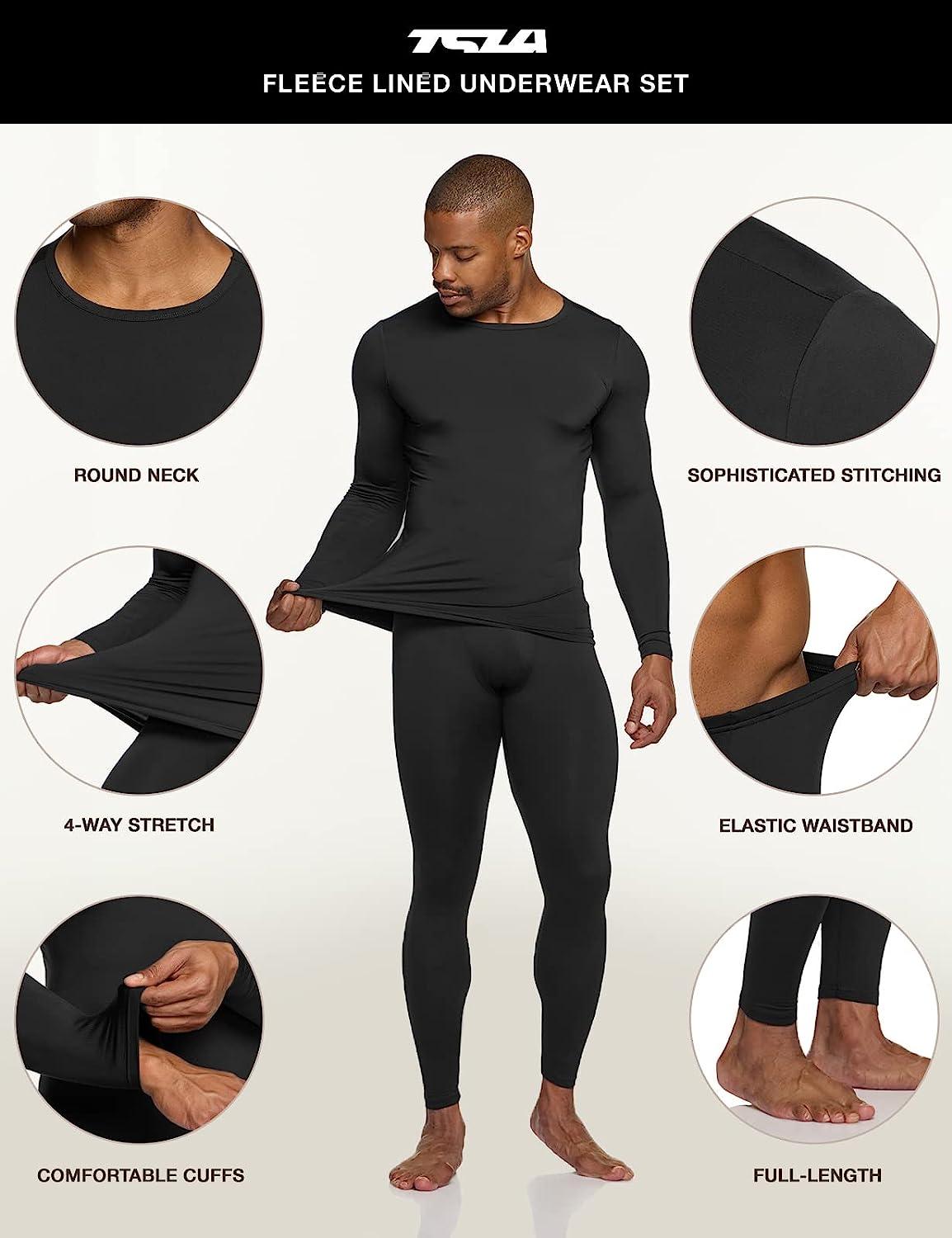 TSLA Men's Thermal Underwear Set, Microfiber Soft Fleece Lined Long Johns,  Winter Warm Base Layer Top & Bottom Soft Micro Fleece Black X-Large