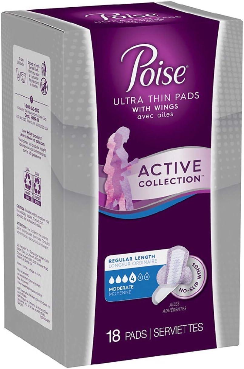 Poise Ultra Thin Pads with Wings Active Collection (Moderate 18 Pads)