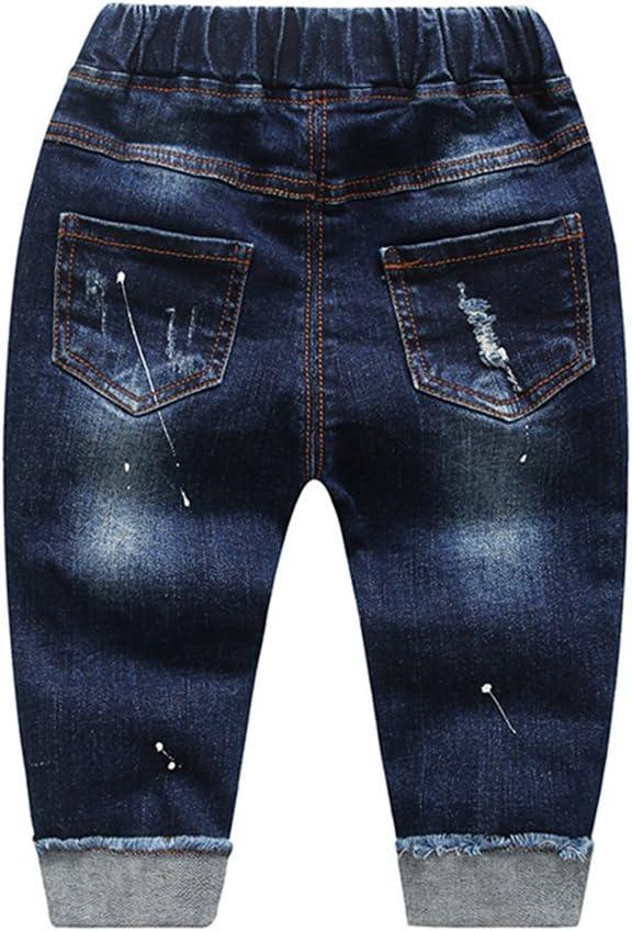 KIDSCOOL SPACE Neonata Ragazzo Jeans Fascia Elastica Bambini Piccoli Strappati Dentro Pantaloni Denim Decoro Ricamato Nero 9-12 Mesi