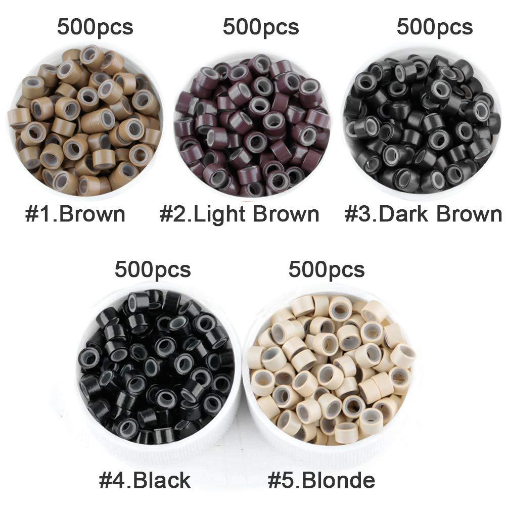 Vlasy 500Pcs 4mm Silicone Lined Micro Ring Beads for Hair Extensions  5Colors Apply (Brown)