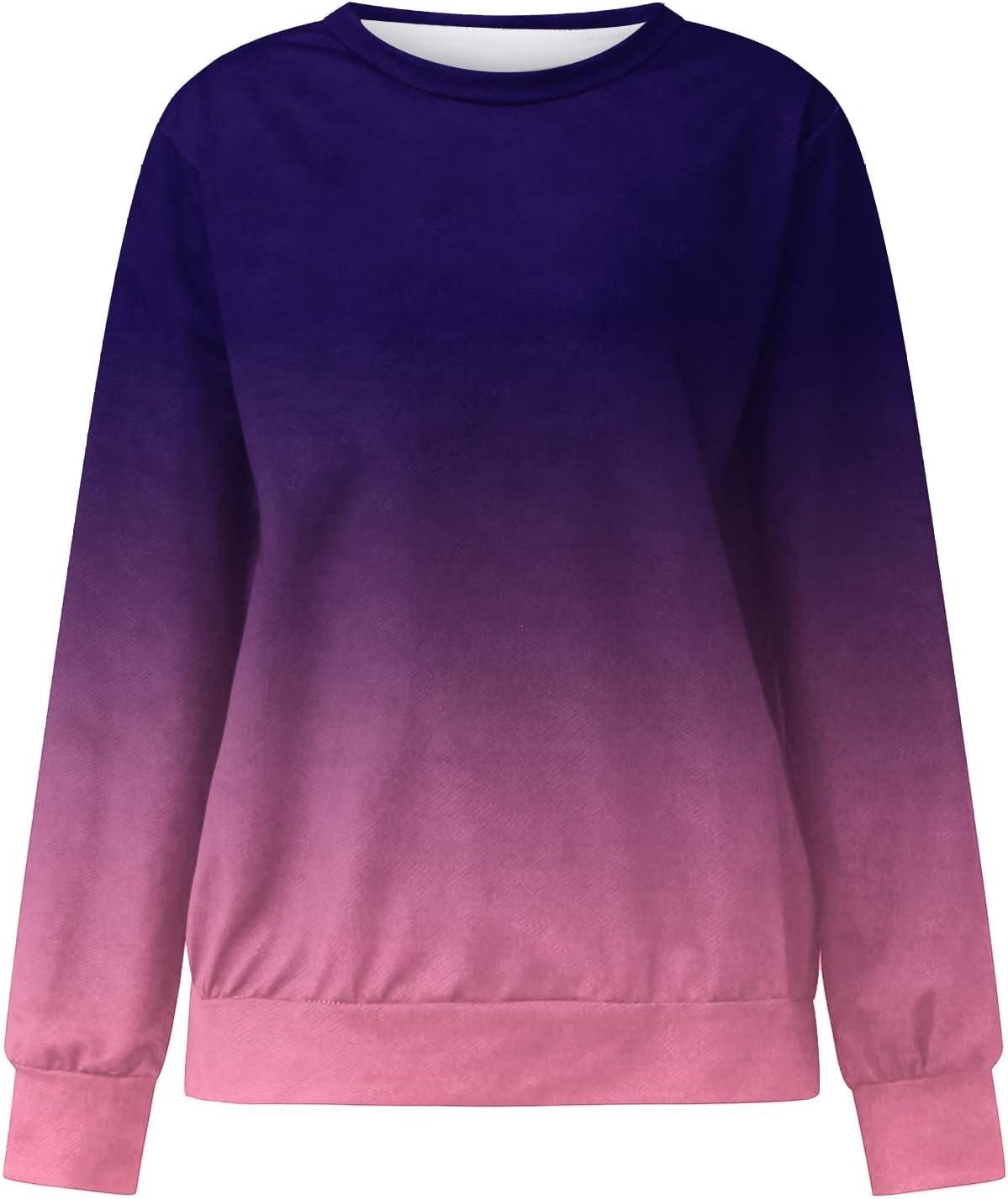 Ganfancp Women's Crewneck Sweatshirt Winter Lightweight Long Sleeve  Pullover Tops Casual Gradient Print Comfy Loose Blouse Purple Women Tops 37  XX-Large