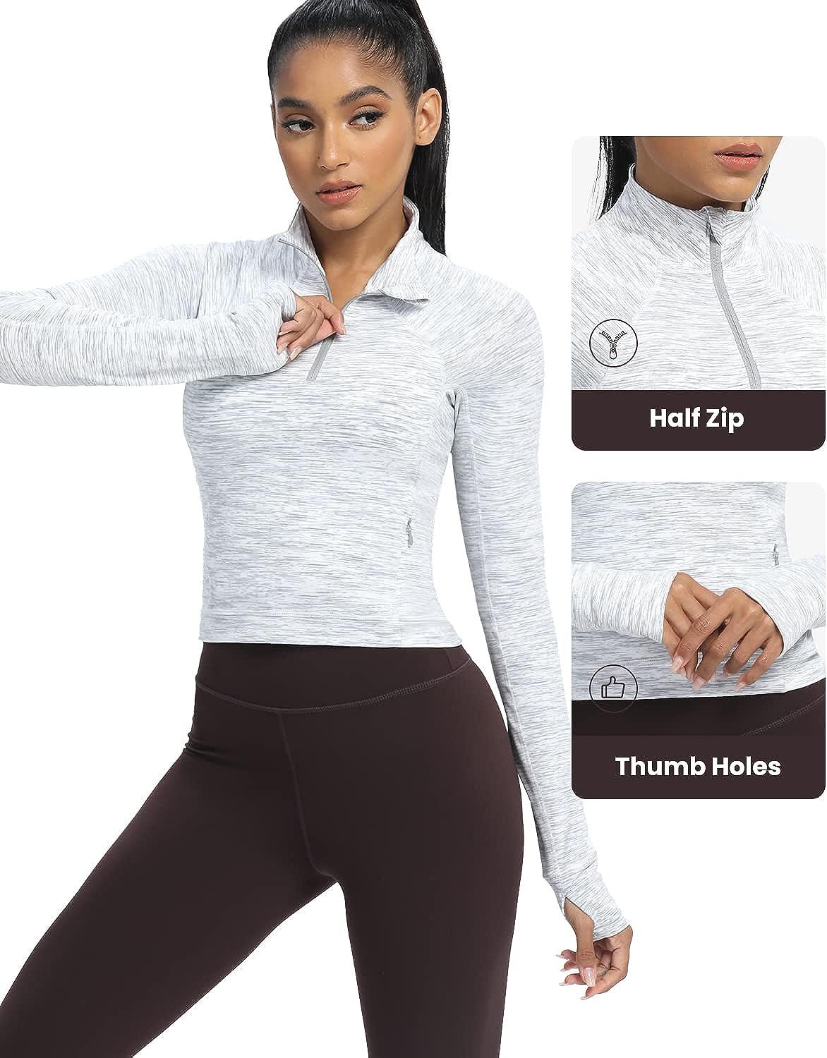 AVGO Long Sleeve Workout Shirts for Women Half Zip Pullover Cropped  Sweatshirt Athletic Yoga Shirts Small White Space Dye