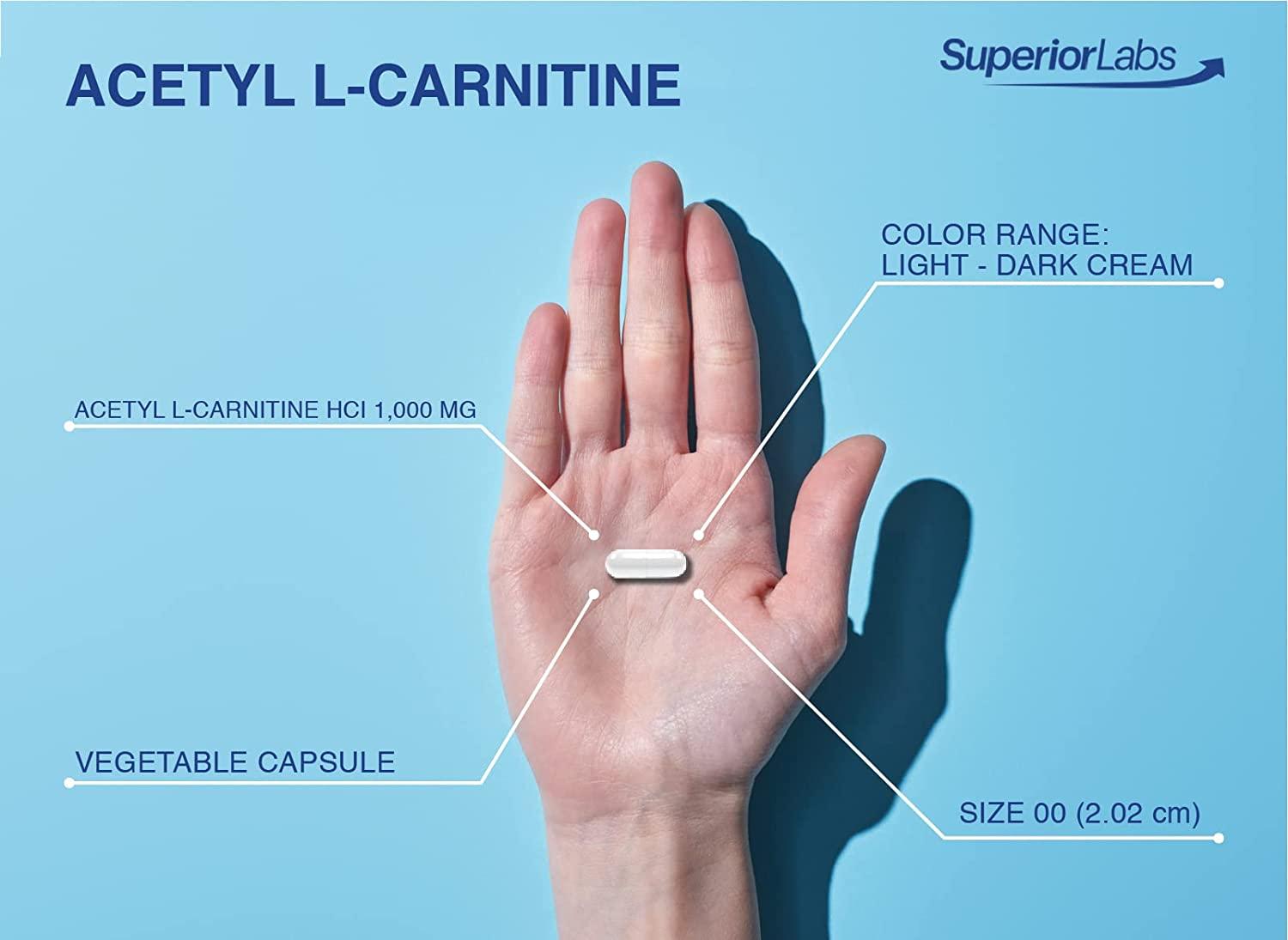Superior Labs Acetyl LCarnitine 1000mg 200 caps Maximum Absorption, Pure Vegetable Capsules