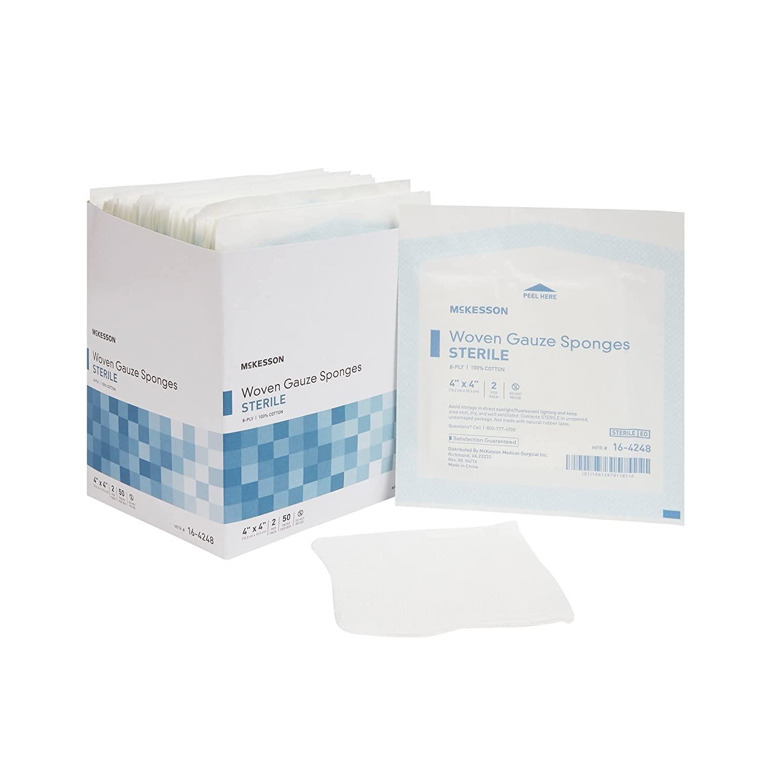 McKesson Woven Gauze Sponges, Sterile, 8Ply, 100 Cotton, 4 in x 4 in