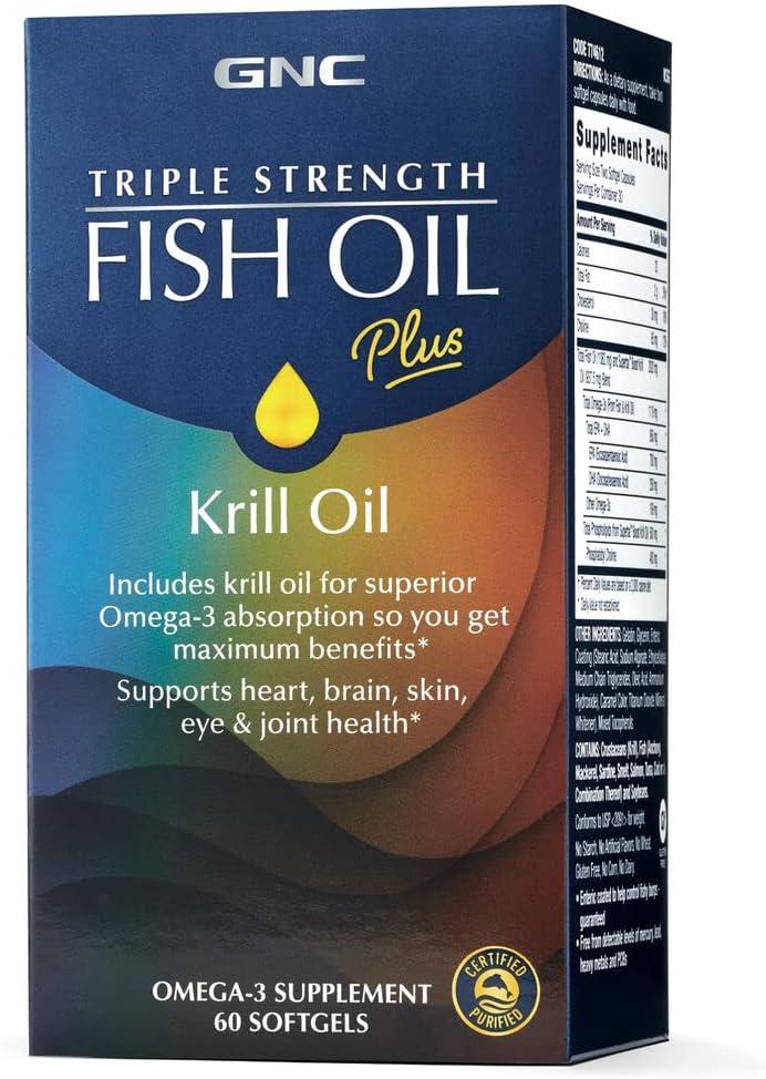 GNC Triple Strength Fish Oil Plus Krill Oil 60 Softgels Supports