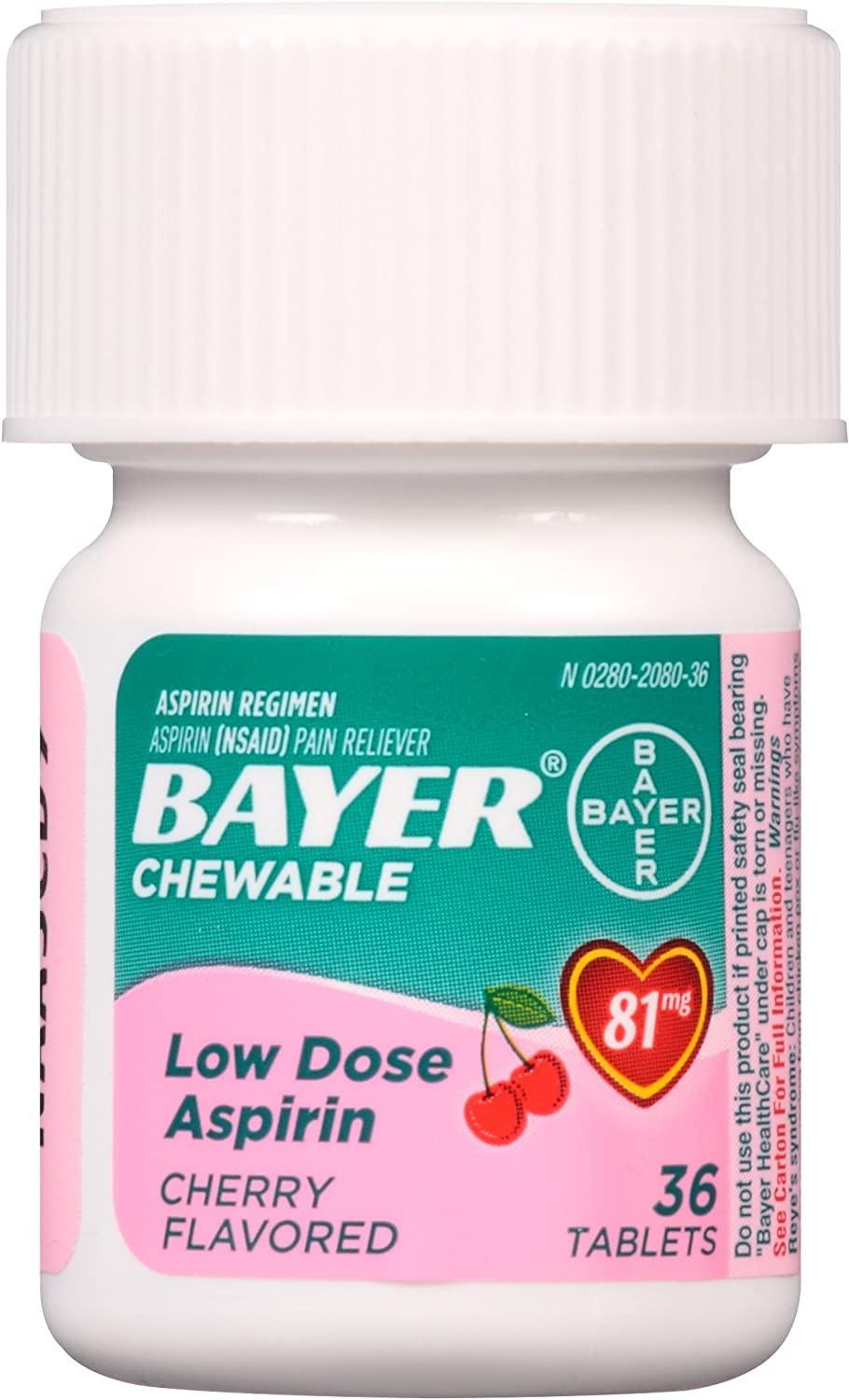 Bayer Chewable Low Dose Baby Aspirin Cherry Flavor 36 Tablets 2 Pack