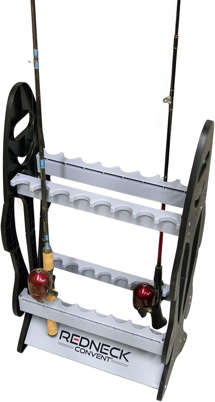 Redneck Convent Fishing Pole Vertical Floor Display Rack, 32in x 17.5in x  8in Standing Storage Organizer for 16 Rods and Reels