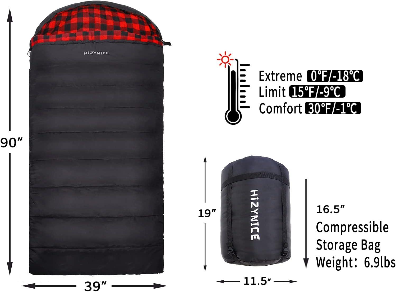 HiZYNICE 0 Degree Sleeping Bag 100% Cotton Flannel XXL for Adults Big and  Tall Cold Weather Winter Zero Degree Camping,Free Compression Sack Black  90 x 39 Right Zip