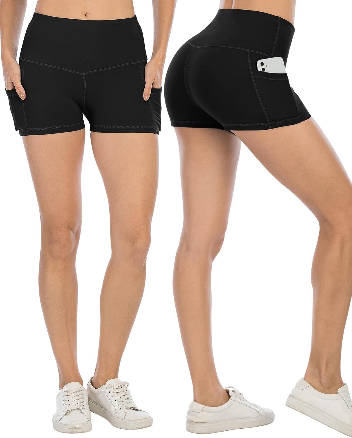 CHRLEISURE Spandex Yoga Shorts with Pockets for Women, High Waisted Workout  Booty Shorts 3in Black Medium