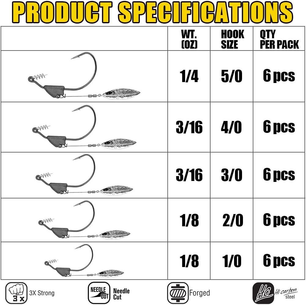 Underspin-Jig-Heads-Swimbait-Hooks-with-Spinner Blades Weighted Fishing  Hooks 6 Pack Silver Size 2/0,1/8oz 3.5g, 6-pack