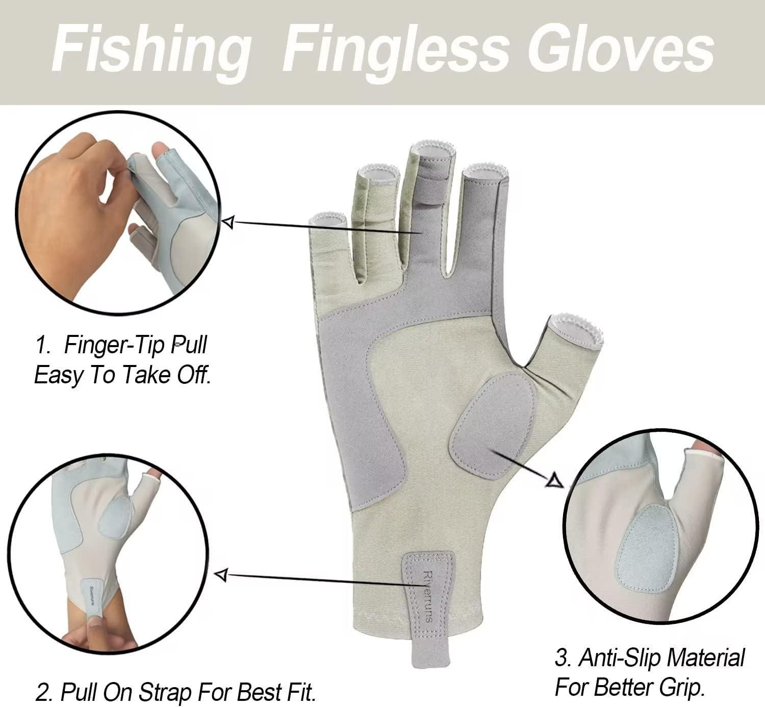 Riverruns Fingerless Fishing Gloves- Fishing Sun Gloves- UV Protection  Gloves Men and Women Fishing, Boating, Kayaking, Hiking, Running, Cycling  and Driving (White Skull, Medium) Medium Light Khaki