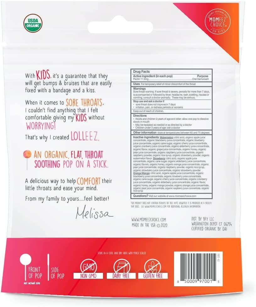Lolleez Organic Sore Throat Soothing Pops for Kids Strawberry Orange