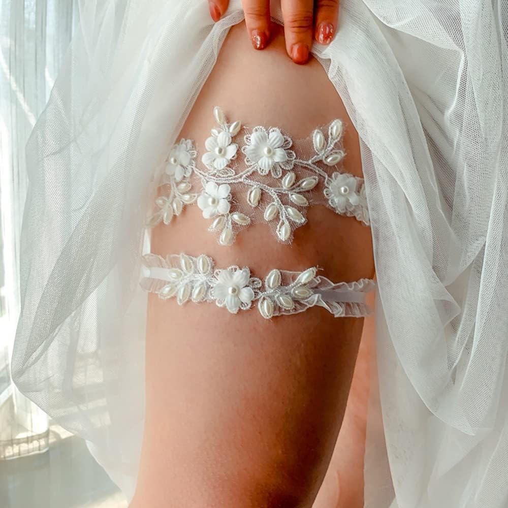 JWICOS 2Pcs Bride Wedding Lace Garters White Bridal Garter Brides Floral  Leg Band Bridal Accessories for Bride and Women