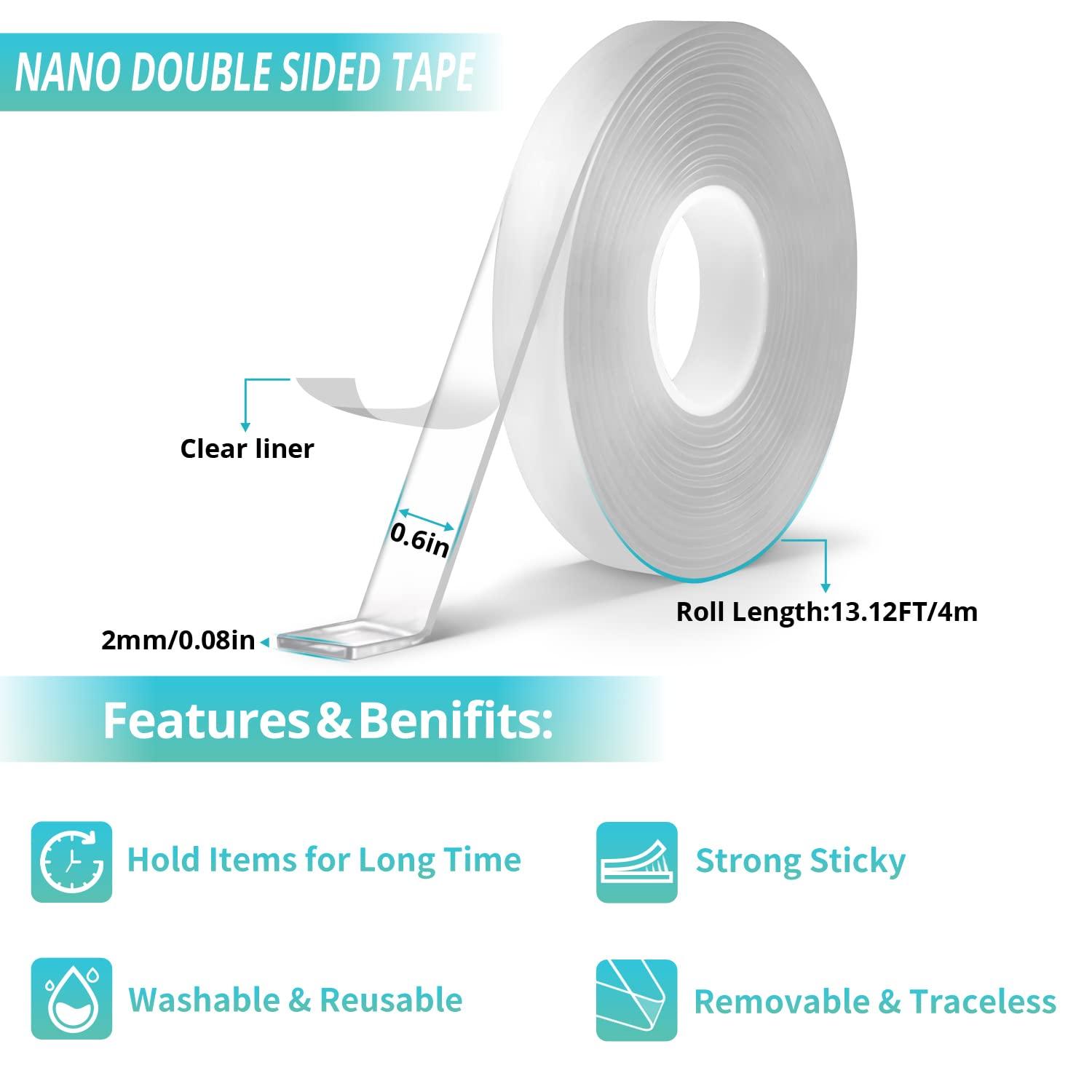 ZhiYo Double Sided Tape Heavy Duty 13.12 ft - Thickened to 0.08 in Strong  Sticky Tape Multipurpose Nano Tape Removable & Traceless Wall Tape Reusable  Transparent Adhesive Tape Poster Tape 13.12' x 0.6 x 0.08