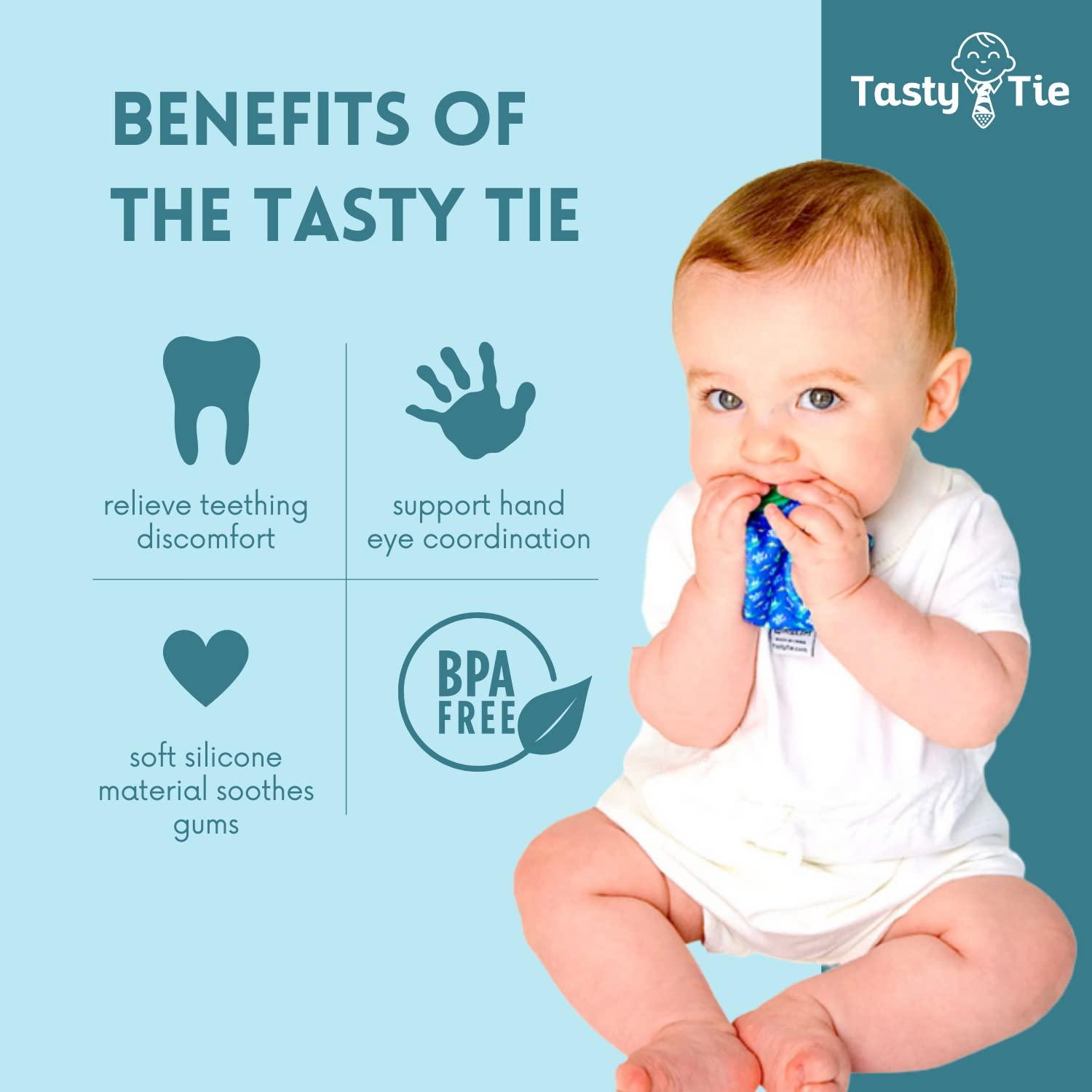 Tasty Tie Teething Tie 3in1 Clipon Baby Tie Crinkle Toy & Silicone