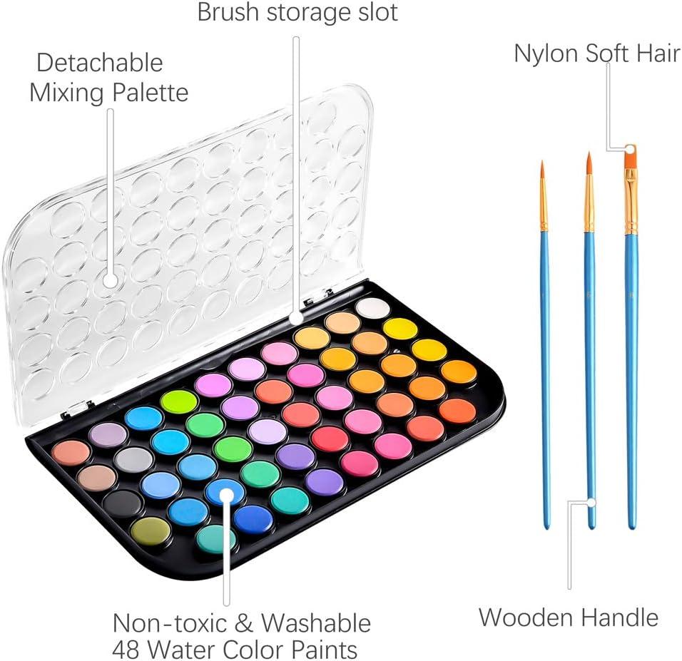 Masllutn Upgraded 48 Colors Watercolor Paint Washable Watercolor Paint Set with 3 Paint Brushes and Palette Non-Toxic Water Color Paints Sets for Kids