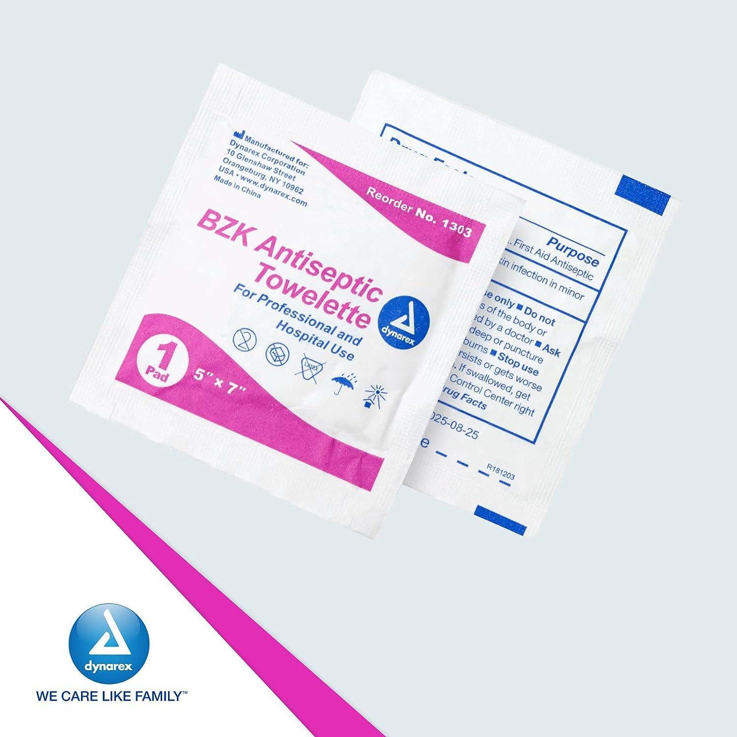 Dynarex BZK Antiseptic Towelettes 100 Individually Wrapped Moist Sanitizing Wipes for Wound