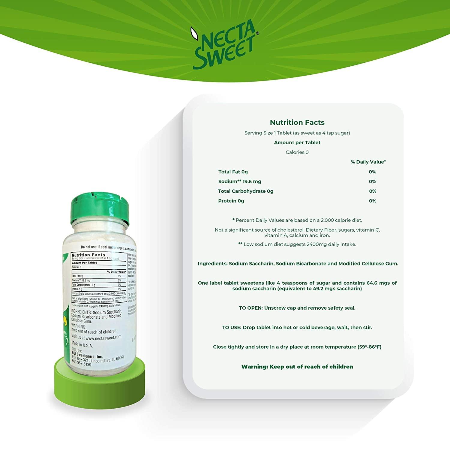 Necta Sweet Saccharin Tablets, 1Grain, 1000 Tablet Bottle 1000 Count