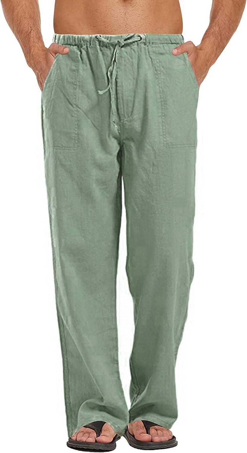 AUDATE Men's Pants Summer Beach Trousers Cotton Linen Trouser Casual  Lightweight Drawstring Yoga Pant Green Medium