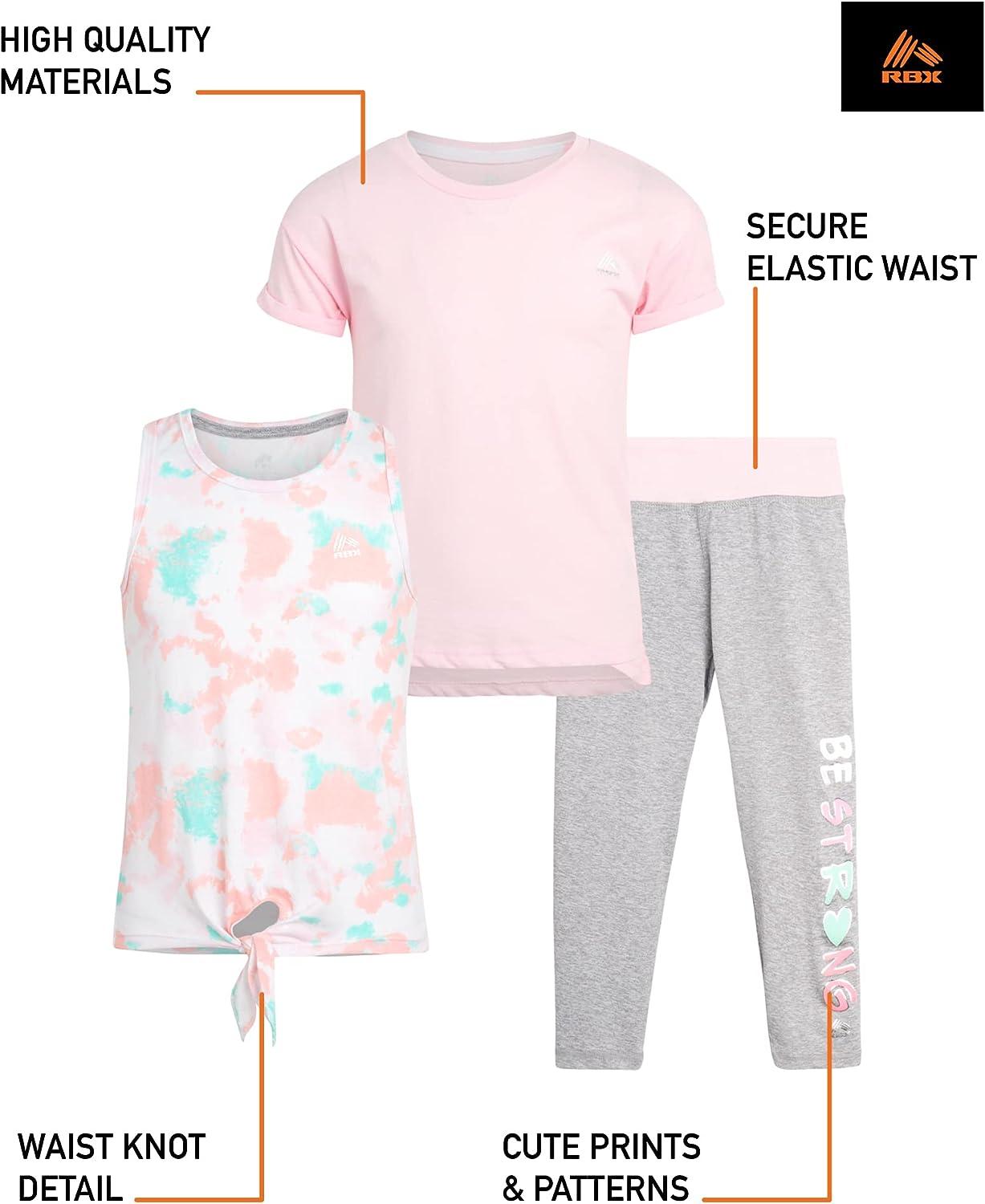 RBX Girls' Activewear Set - Short Sleeve Performance T-Shirt, Tank Top, and  Capri Leggings (4-12) Pink Be Strong 10-12