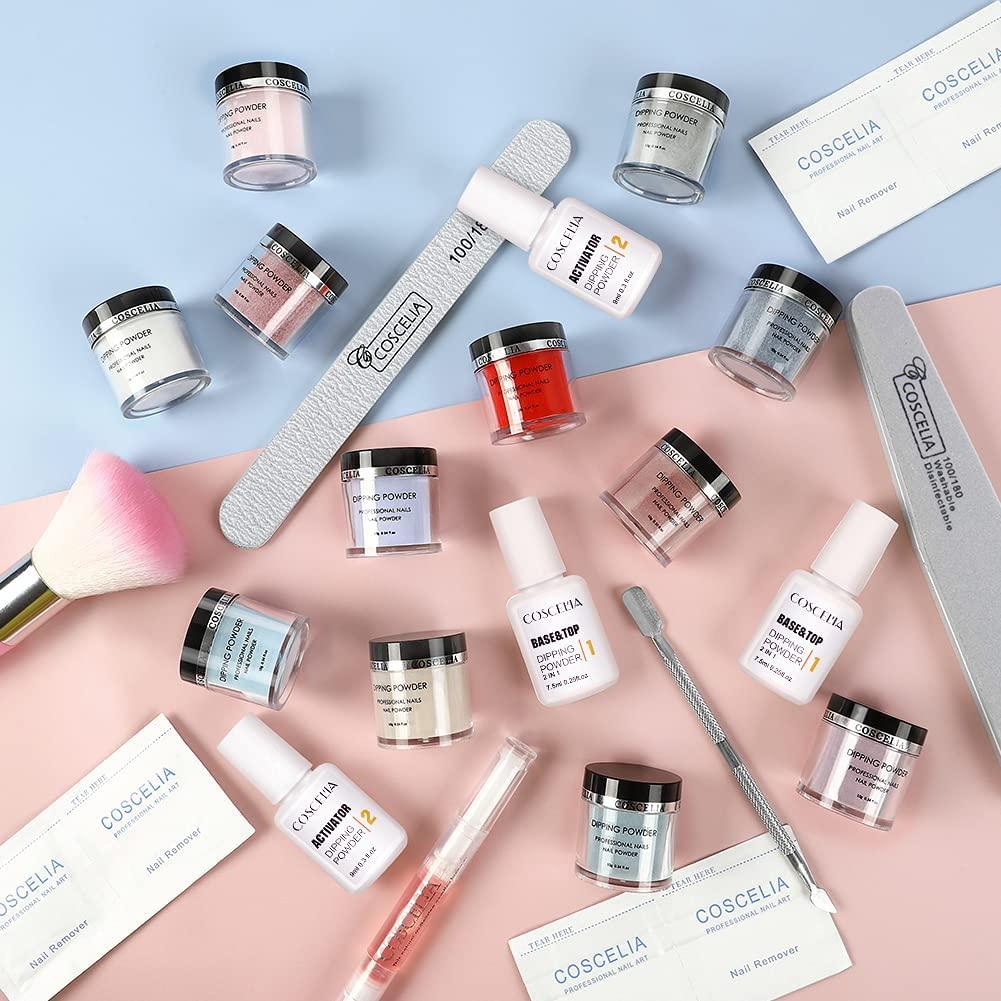 Dip Powders Nail Kit with 12 Colors Dipping Powders Top Coat Base Coat