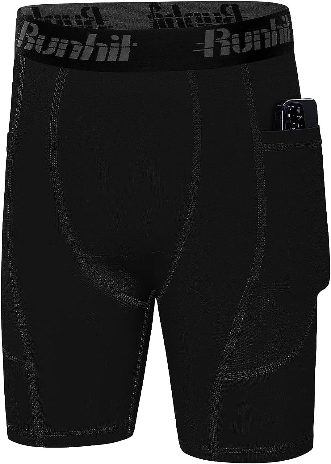 Runhit Youth Boys' Compression Shorts,Boys Performance Athletic Base Layers  Underwear Sports Shorts Side Pocket Black X-Small