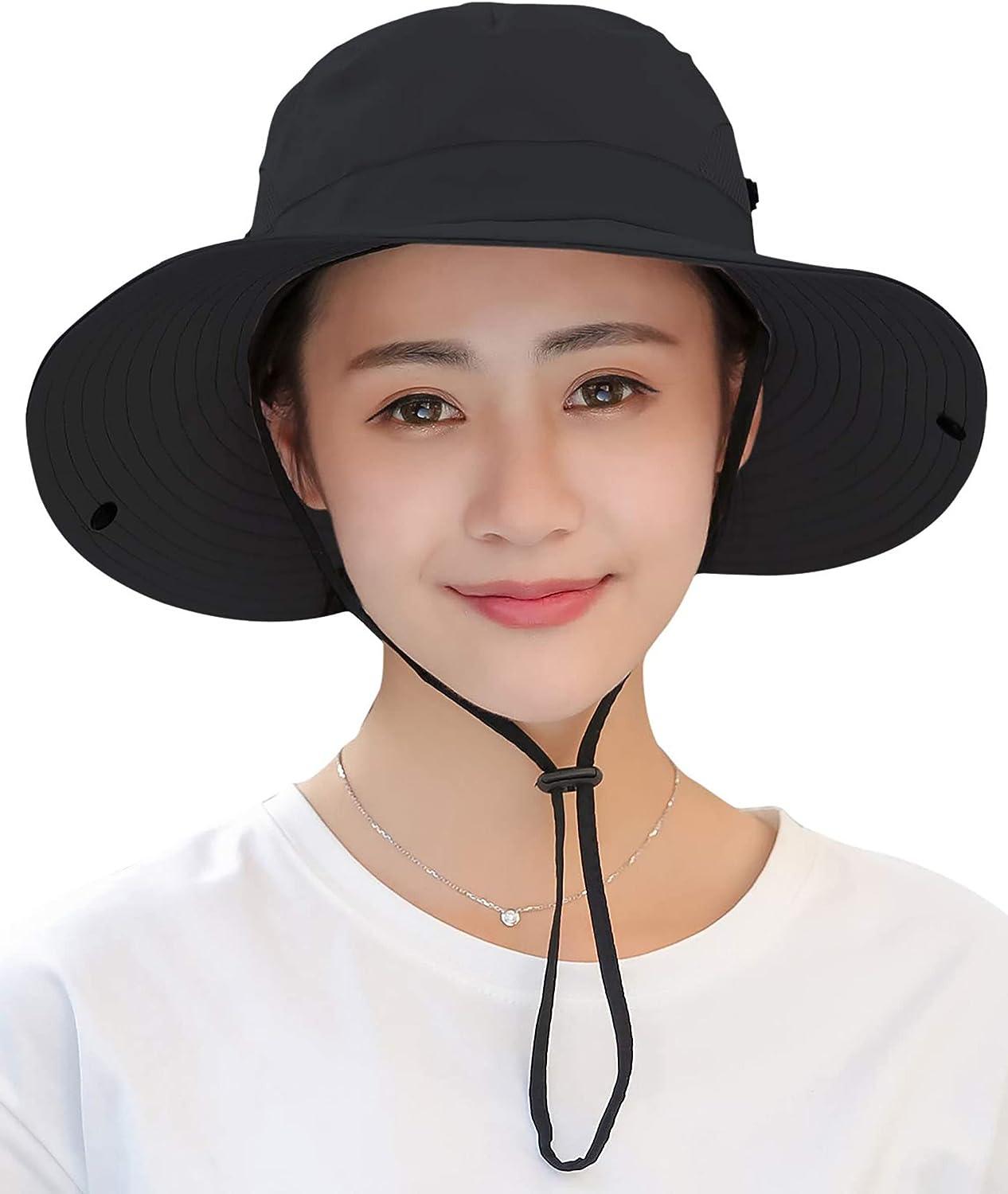 Womens Summer Sun-Hat Outdoor UV Protection Fishing Hat Wide Brim Foldable- Beach-Bucket-Hat with Ponytail-Hole Black