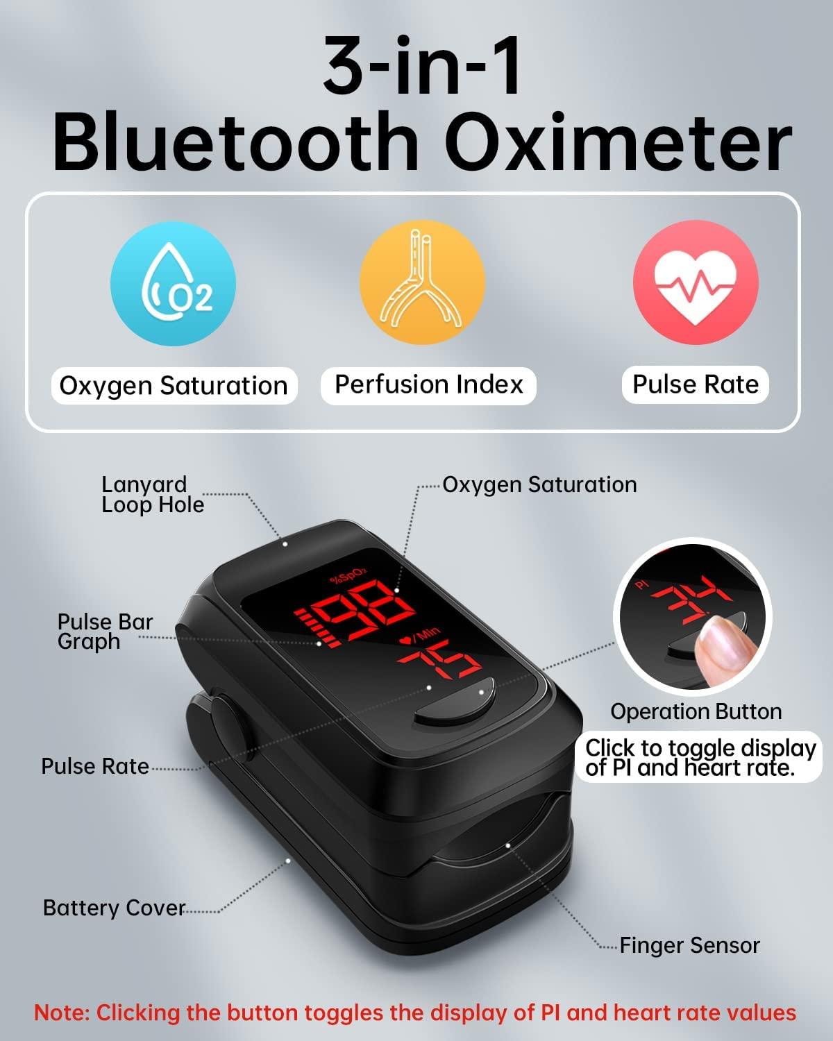 HOLFENRY Fingertip Pulse Oximeter with Bluetooth & App - SpO2 Monitor ...