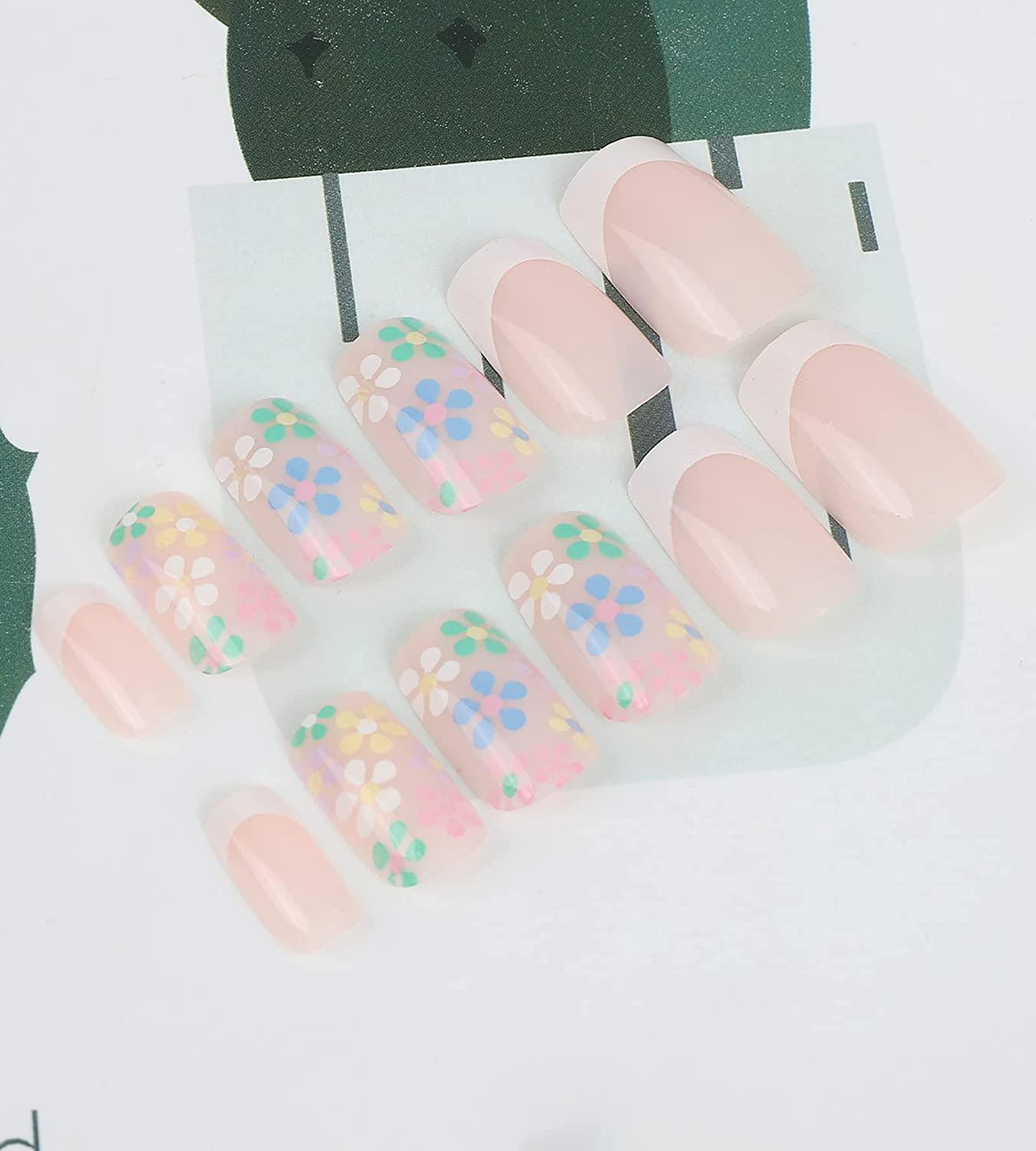 24 Pcs Acrylic Press on Nails Short | Medium, Glue on Nails for Women, Fake  Nails with Glue (Pink Flower French)