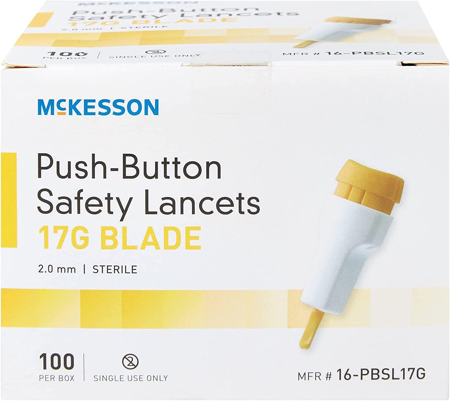 McKesson Safety Lancets, Sterile, PushButton, 17 Gauge Blade, 2 mm