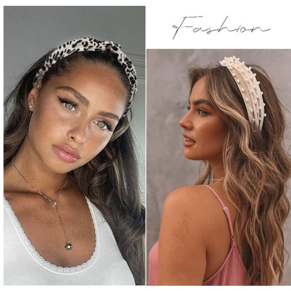 WOVOWOVO Headbands for Women Girls Knotted Headband Wide Pearl