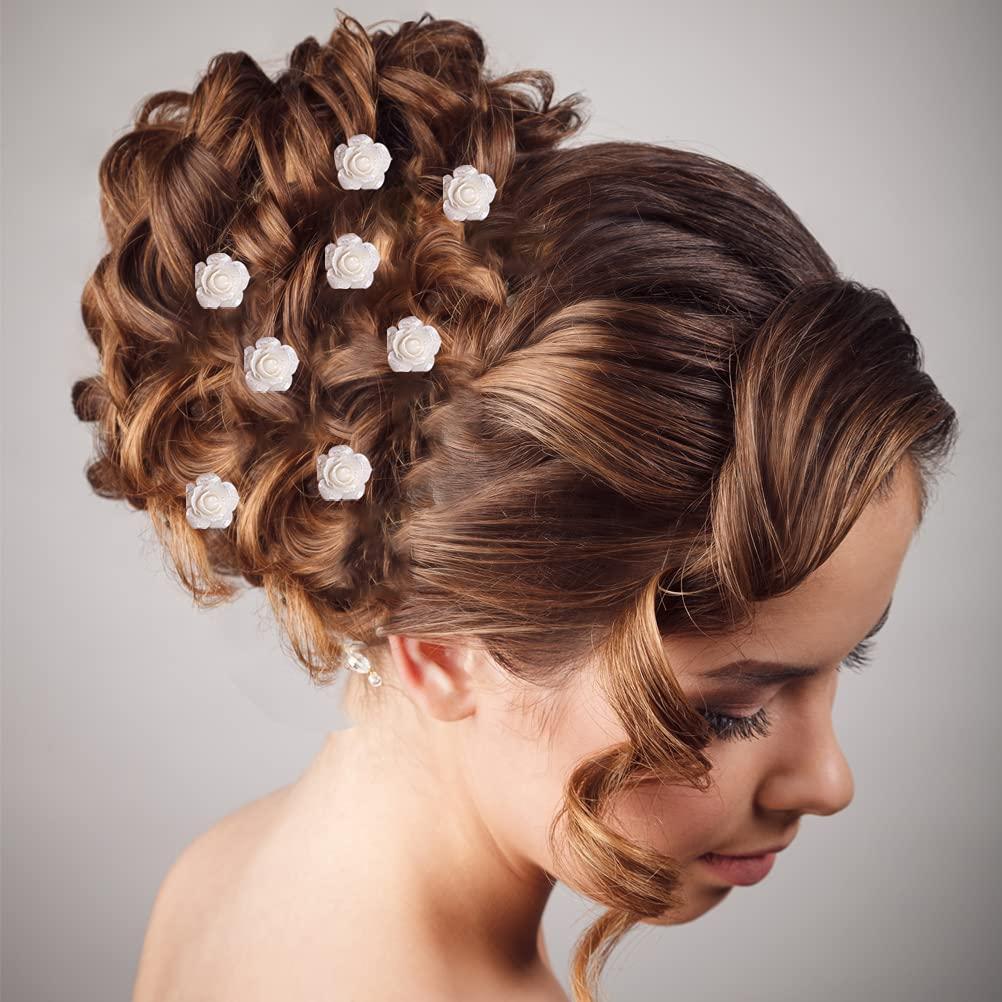 12 Pieces Wedding Flower Hair Pins, White Rose Flower Hair Pins U-Shaped  Hairpins for Bridal Wedding Women Hair Jewelry Accessories