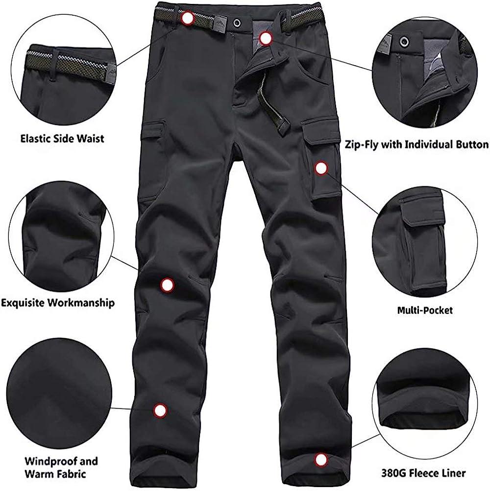 Men's Fleece Lined Pants Waterproof Softshell Thermal Zip Pockets Ski  Trousers