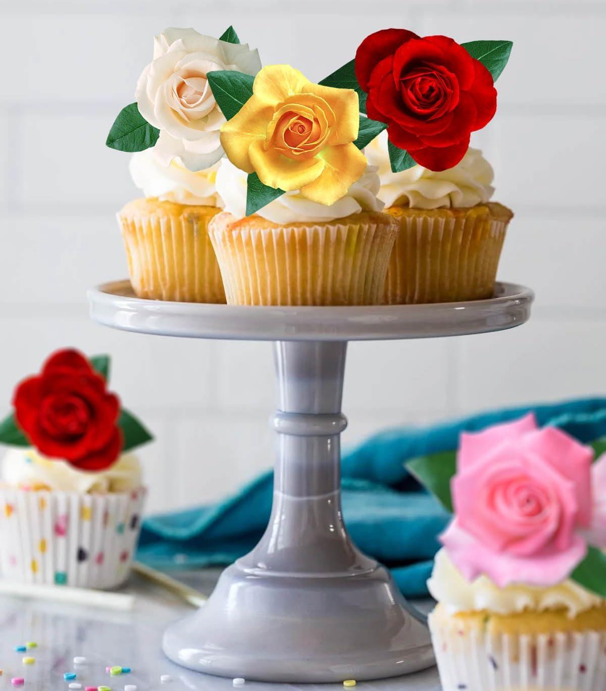 Pre-Cut Roses with Leaves A Edible Wafer Paper Flowers Cupcake Toppers ...
