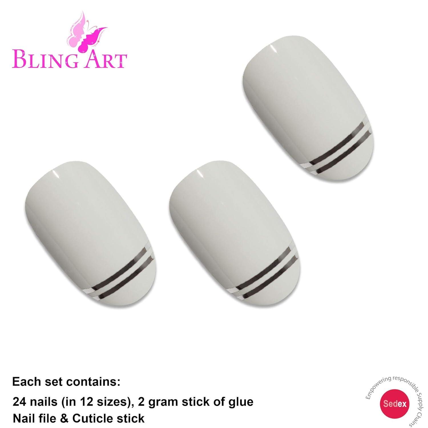 Bling Art Kunstnägel – Weiß-Silber Glossy, Oval, Mittellang, 24 Stück Inklusive Kleber Und Nagelzubehör