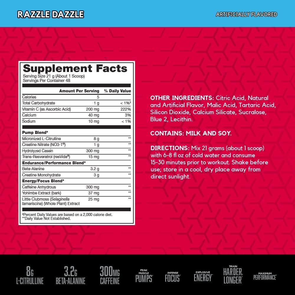 BSN N.O.XPLODE Vaso Pre Workout Powder Razzle Dazzle Flavor, 48 Servings 8g LCitrulline, 3