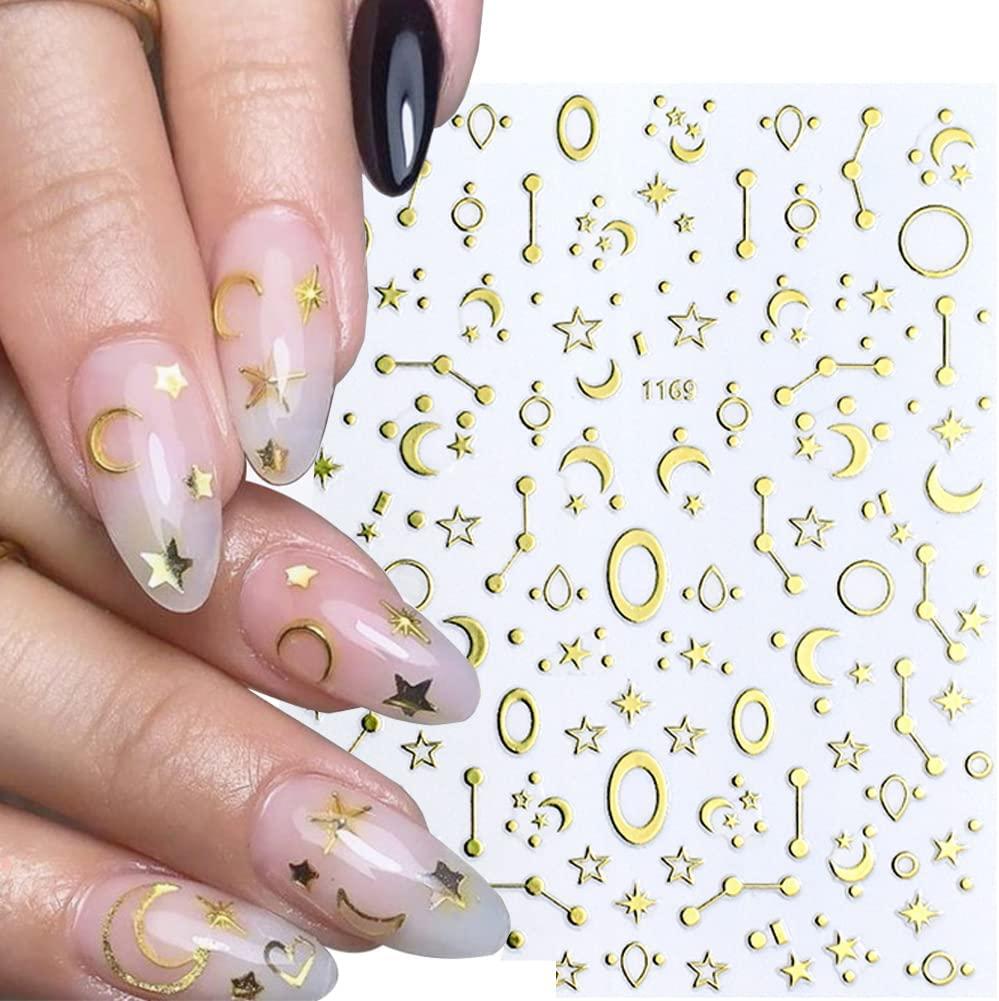 12 Sheets Gold Nail Art Stickers Decals,Nail 3D Self-Adhesive Nail Decals Metallic Stars Moon Gold Silver Nail Art Design Stickers for Women Girls Manicure Accessories Craft Design 2