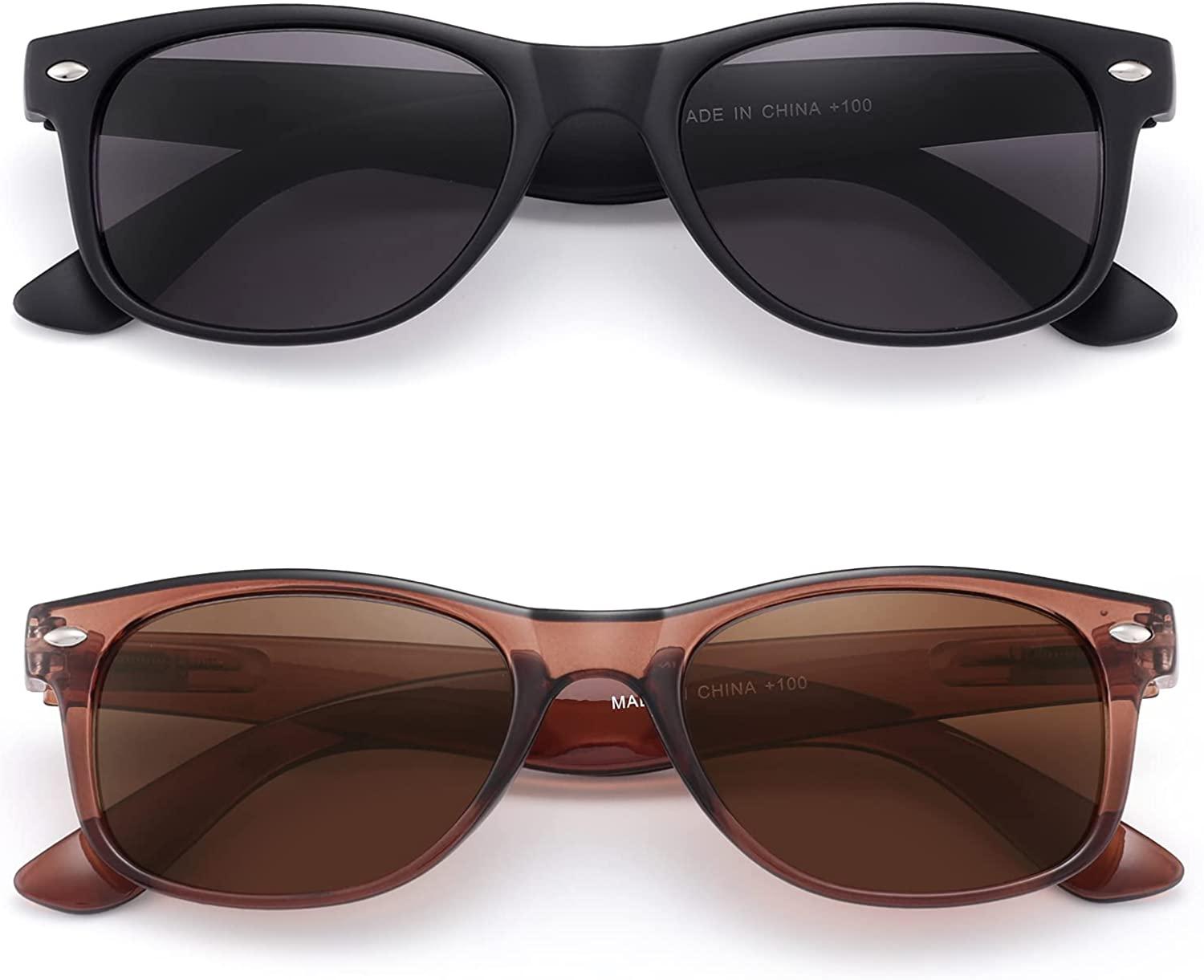 2 Pack Rectangle Reader Sunglasses Non Bifocal Full Lenses 1.25x Magnification Matte Black Bright Brown