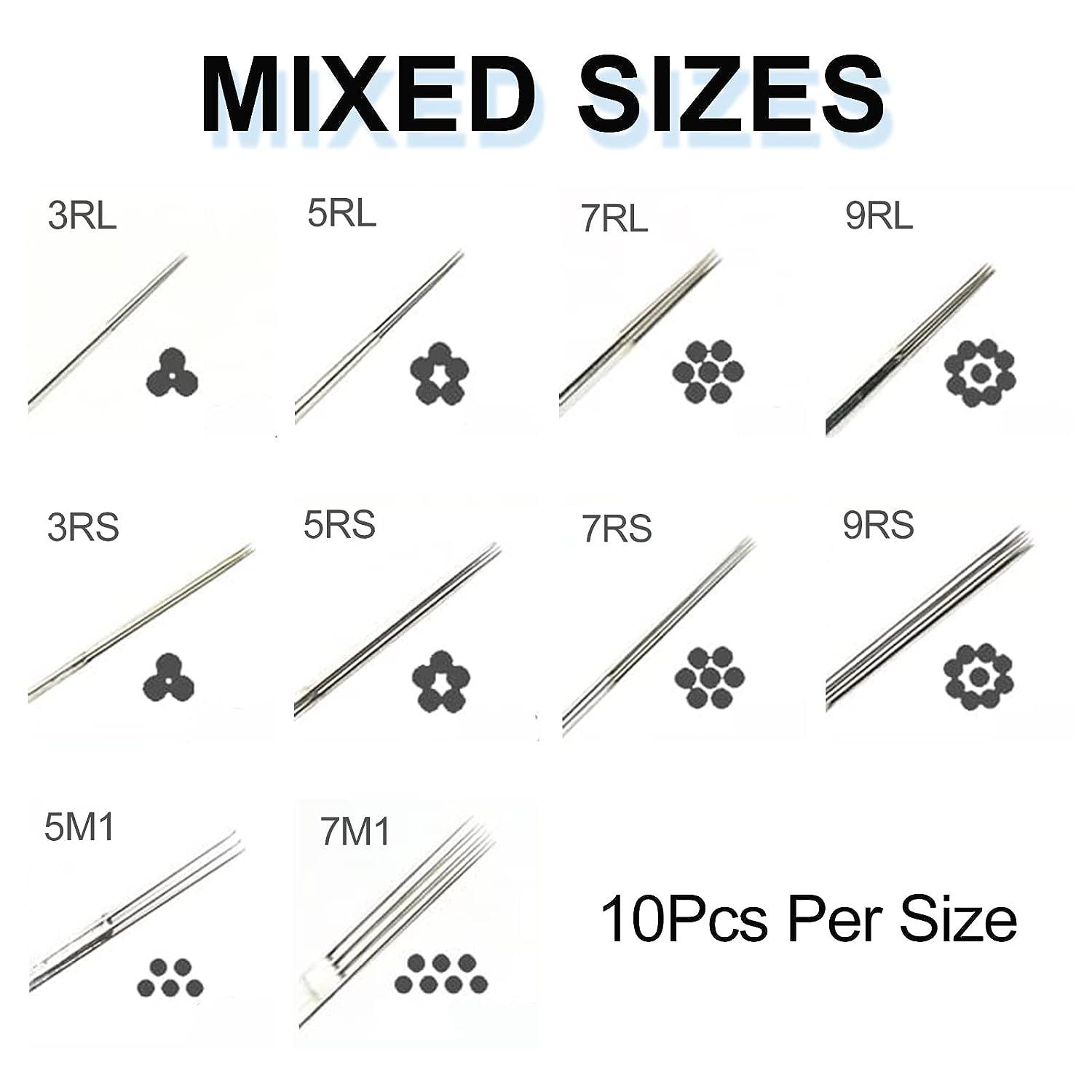 Usiriy 50pcs Mixed Size Needles Stick and Poke Needles Long Bar 3RL 5RL 7RL  9RL 3RS 5RS 7RS 9RS 5M1 7M1