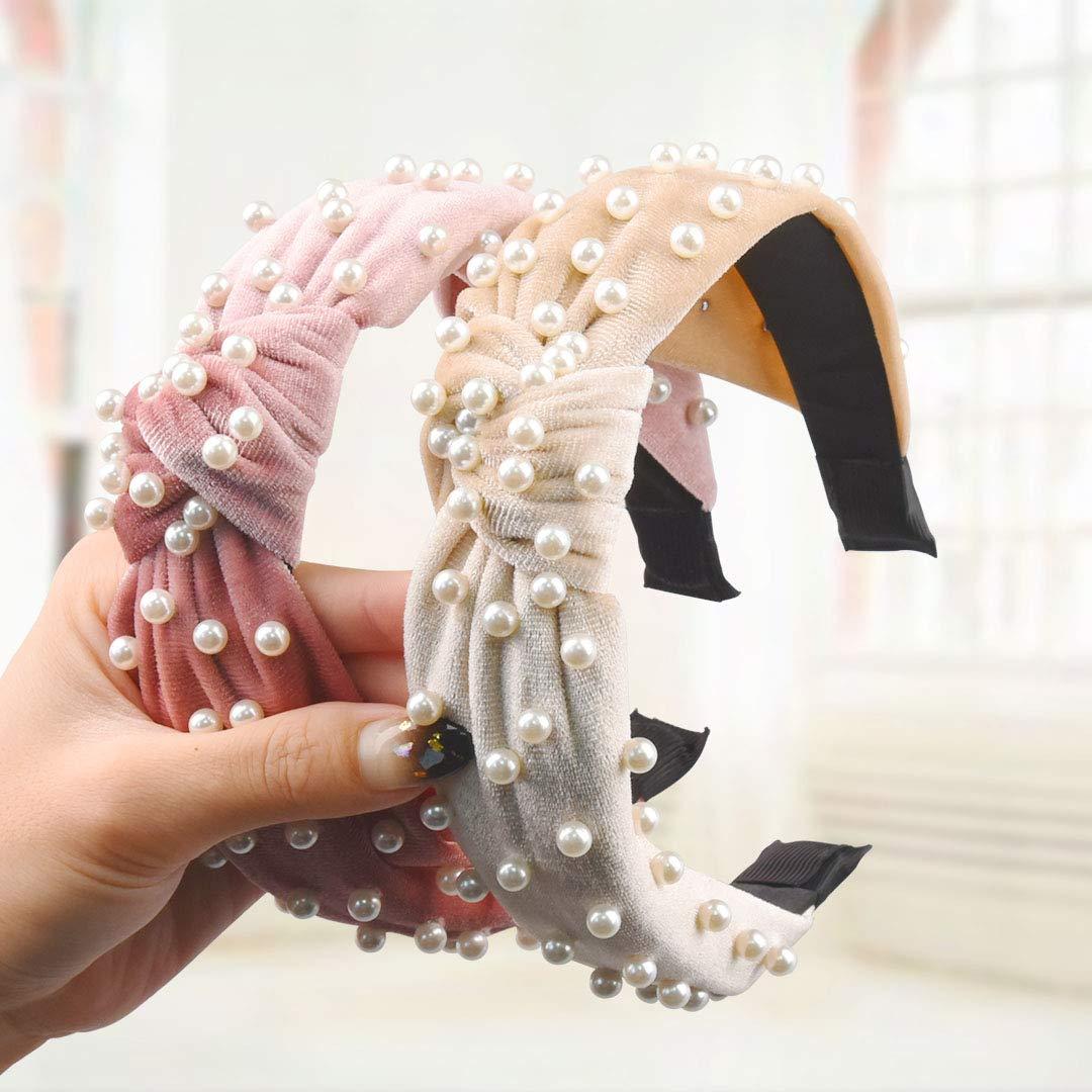 Allucho Women's Knotted Pearl Headband Wide Top Knot Turban Hair