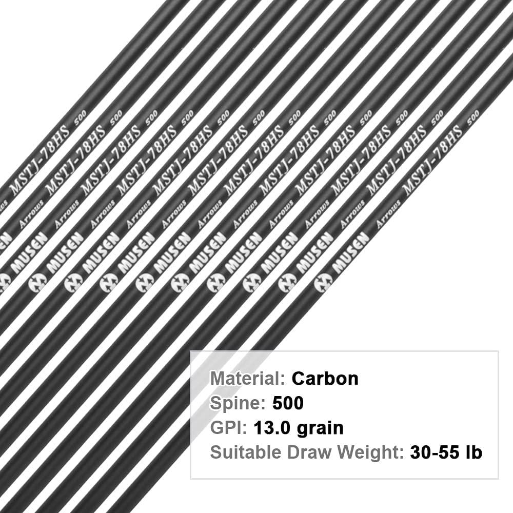 Musen 28/30 Carbon Archery Arrows 12pcs Shaft Spine 500, GPI 13.0